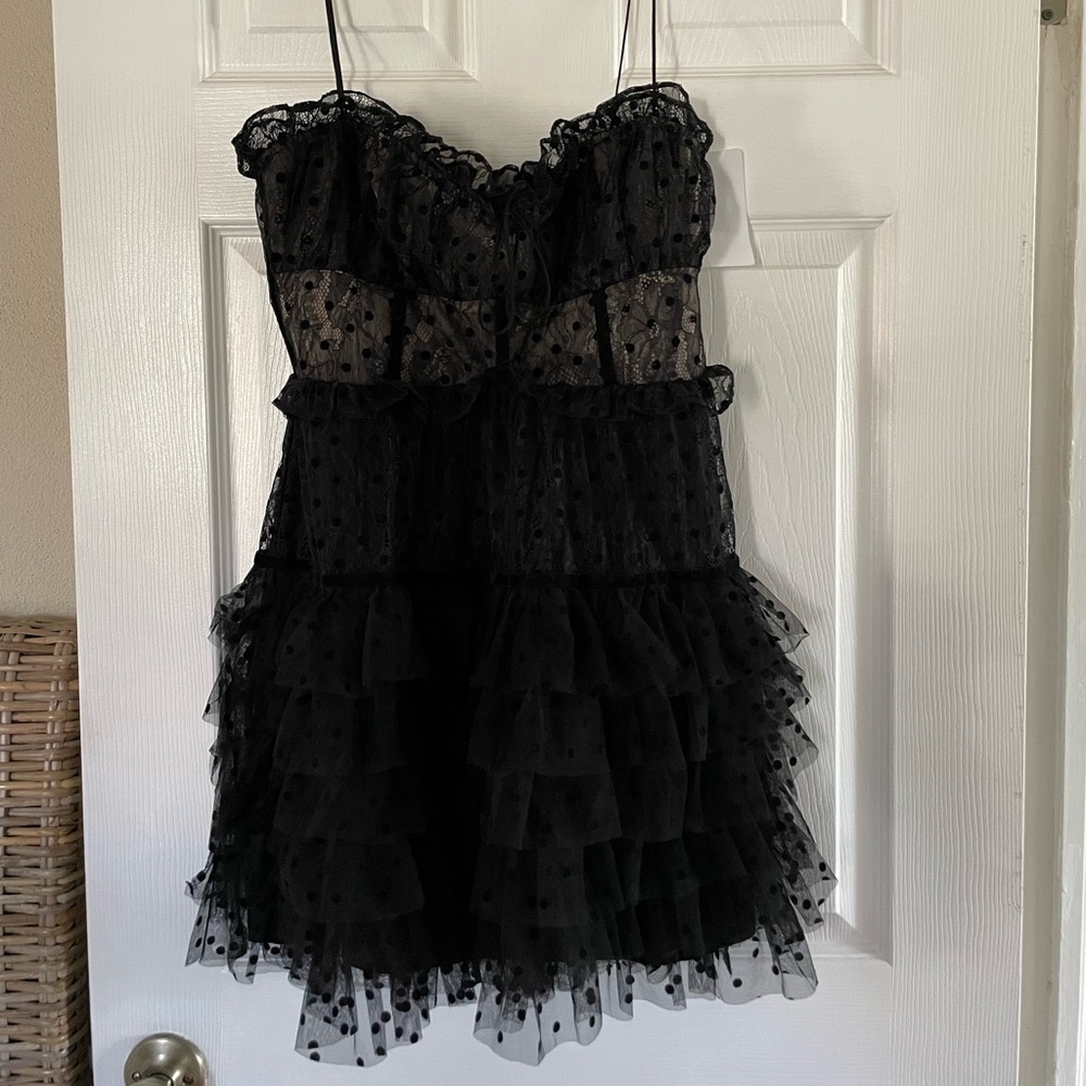 NWT For Love and Lemons Jules Mini Dress with Tiered Ruffles in Black M L